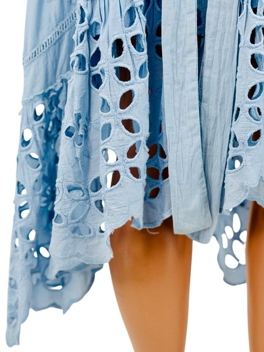 Free People Blue Eyelet Tie Waist Midi Wrap Skirt L | Coastal Boho Cottagecore - Picture 15 of 16